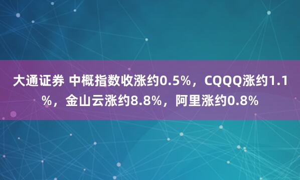 大通证券 中概指数收涨约0.5%，CQQQ涨约1.1%，金山云涨约8.8%，阿里涨约0.8%